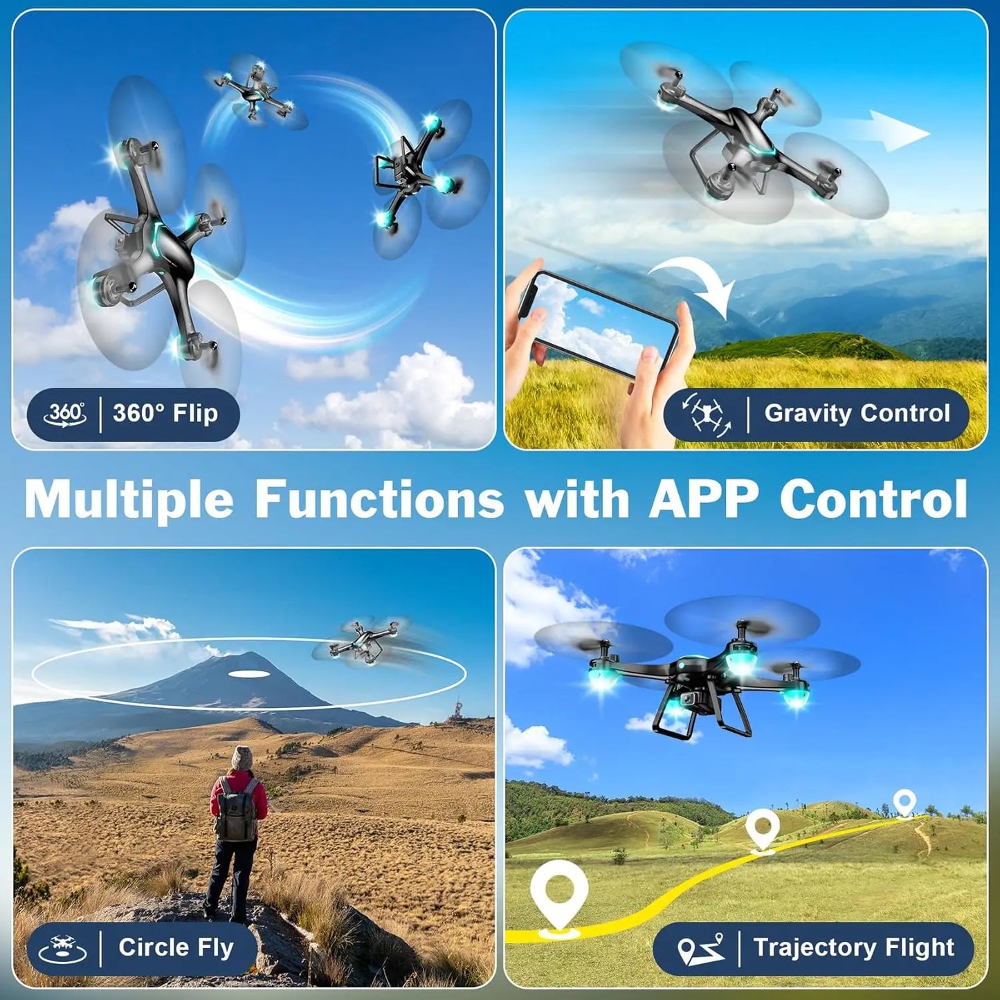 Beginner Drone with 1080P Camera, Gesture Selfie, Altitude Hold, One Key Start, 3D Flips, 2 Batteries
