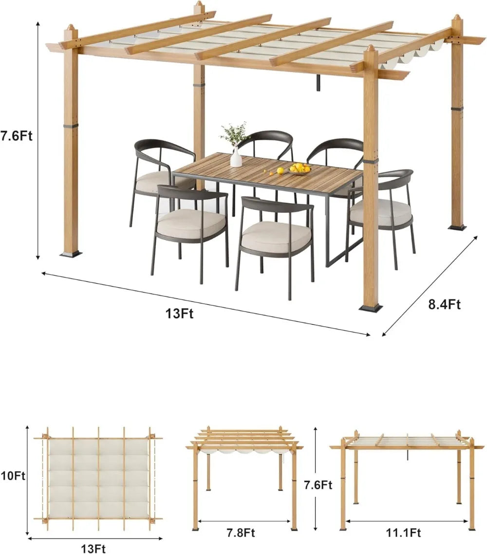 Outdoor Aluminum Pergola With Retractable Sun Shade Canopy UV Protection