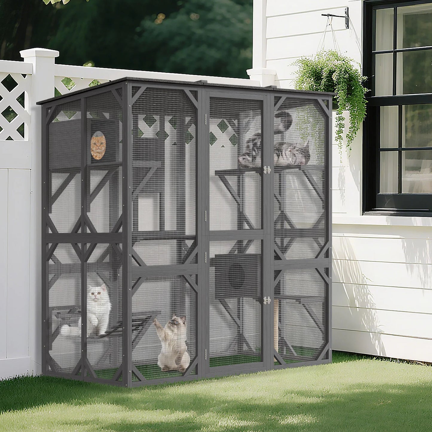 HiMISS Outdoor Wooden Catio Walk-In Multi-Level Cat Enclosure
