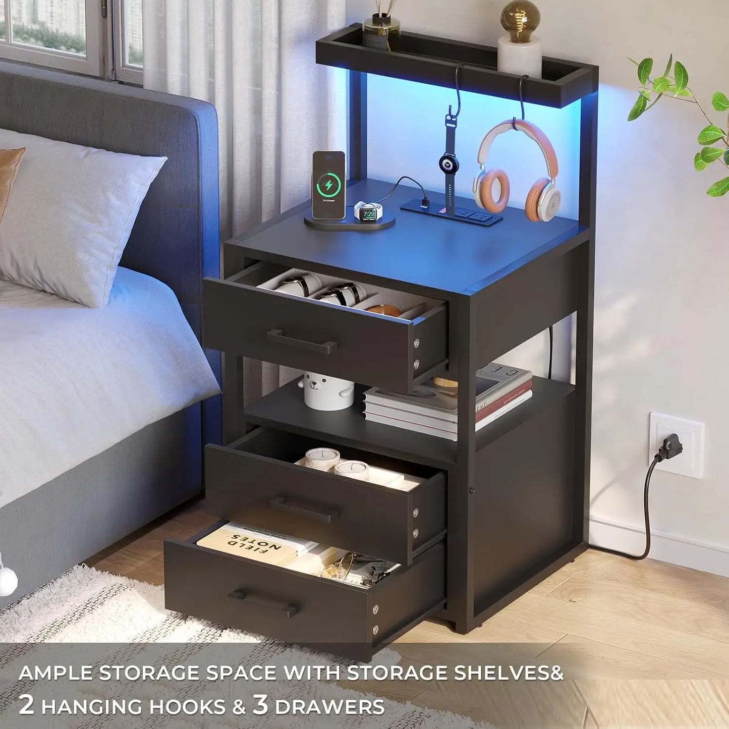 Guangbai Nightstands Set Of 2 With LED Charging Station