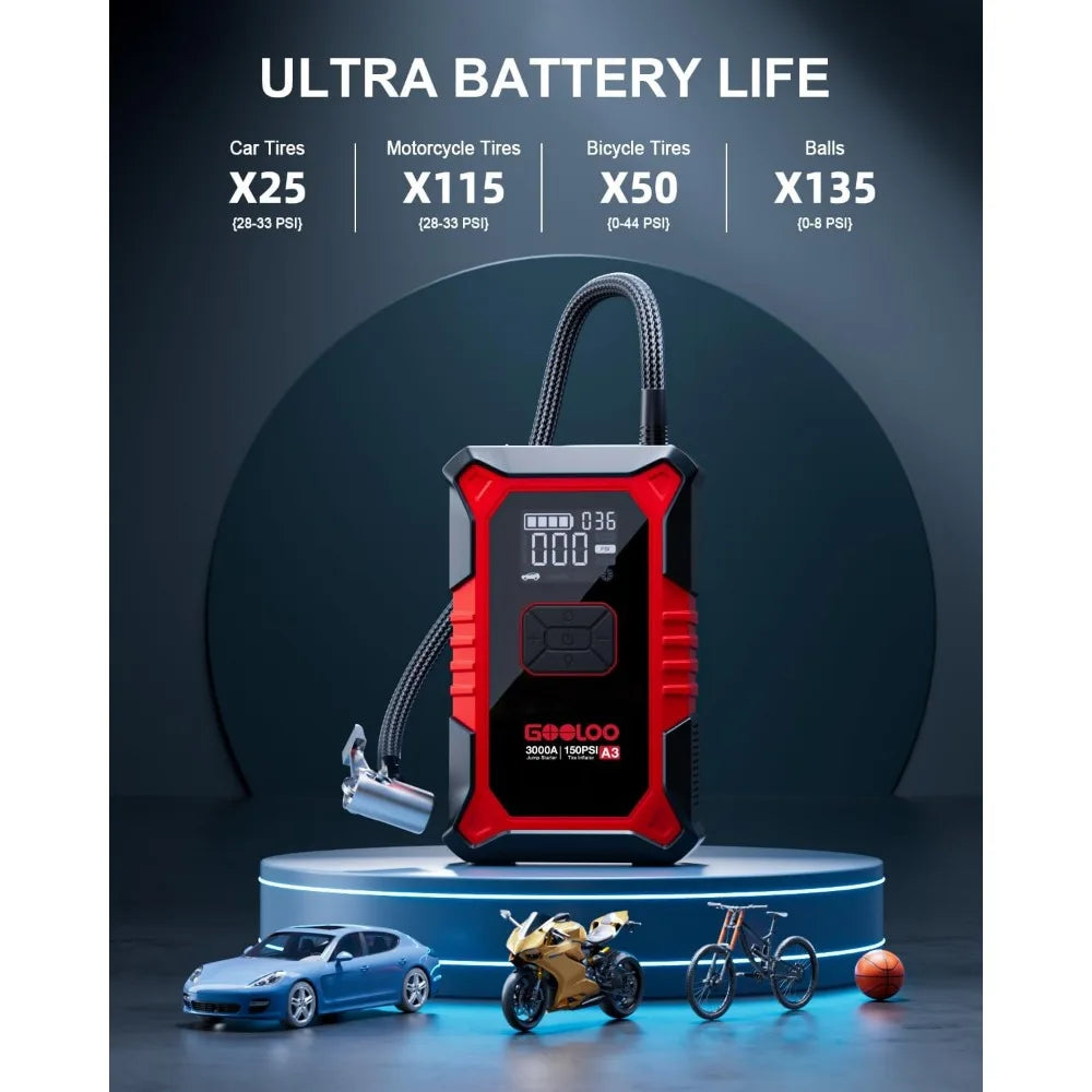 GOOLOO A3 Jump Starter with Air Compressor, 3000A Portable Car Battery Booster (9.0 Gas/6.5L Diesel) with 150PSI Auto-Shutoff Ti