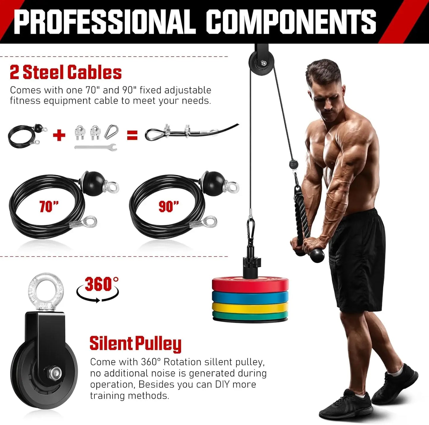 Pulley System, Weight Cable Pulley System for Home Gym,Cable Machine Attachment with 2 in 1 LAT Pull Down Bar,Tricep Rope