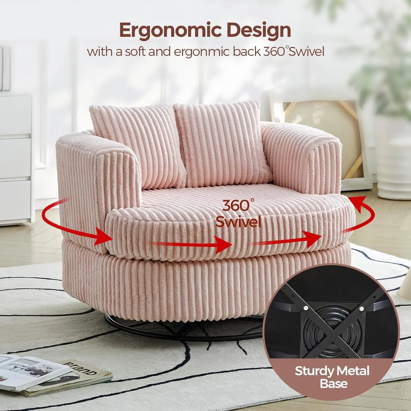 Oversized Swivel Round Chair In Soft Corduroy Lounge