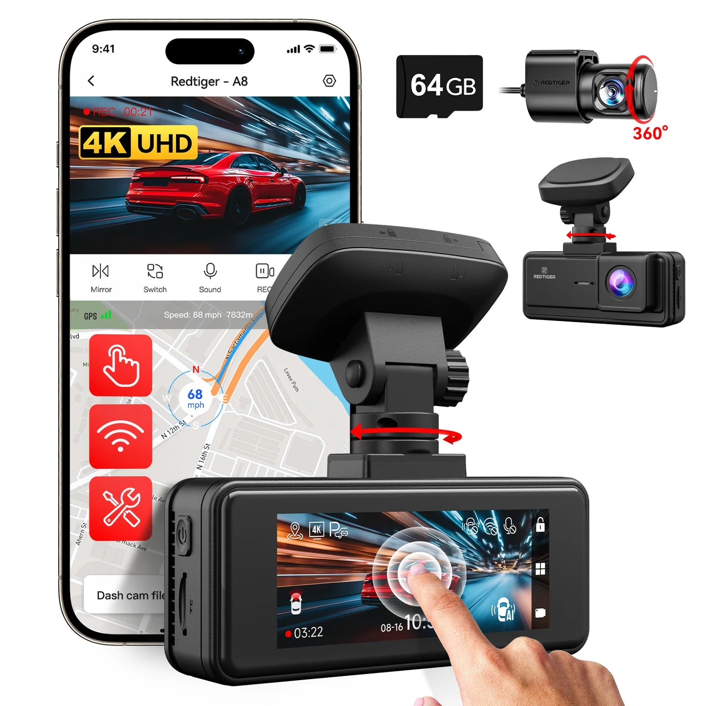 REDTIGER A8 4K Dual Dash Cam Front And Rear  Car Cam 3.18" IPS Touch Screen Built-in 5.8Ghz WiFi GPS Car DVR Night Vision