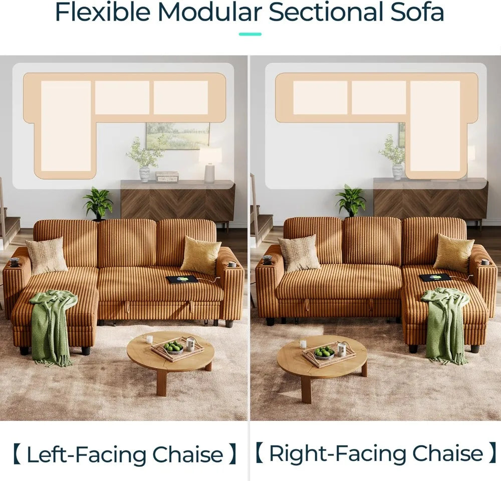 Convertible Sleeper Sofa With Storage And USB Charging Corduroy Couch