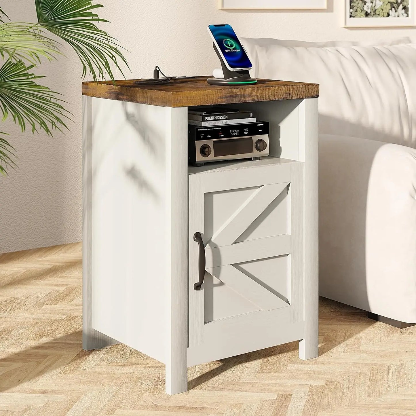 Farmhouse Nightstands Set of 2 With Charging Station and Storage