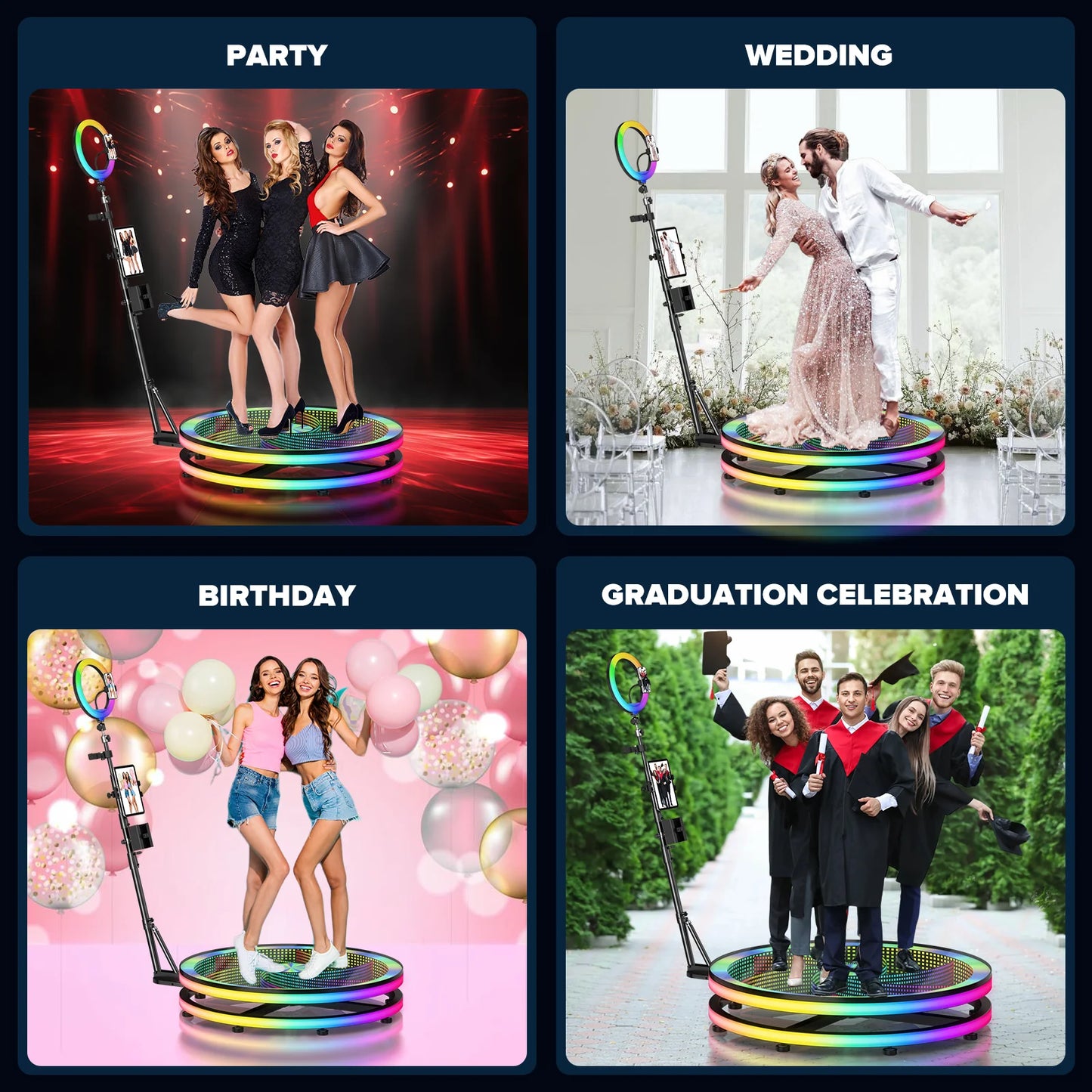 Glass Material 360 Rotating Photo Booth Machine 39.4 Inch With RGB Ring Light App Control For Parties Events With Freight Case