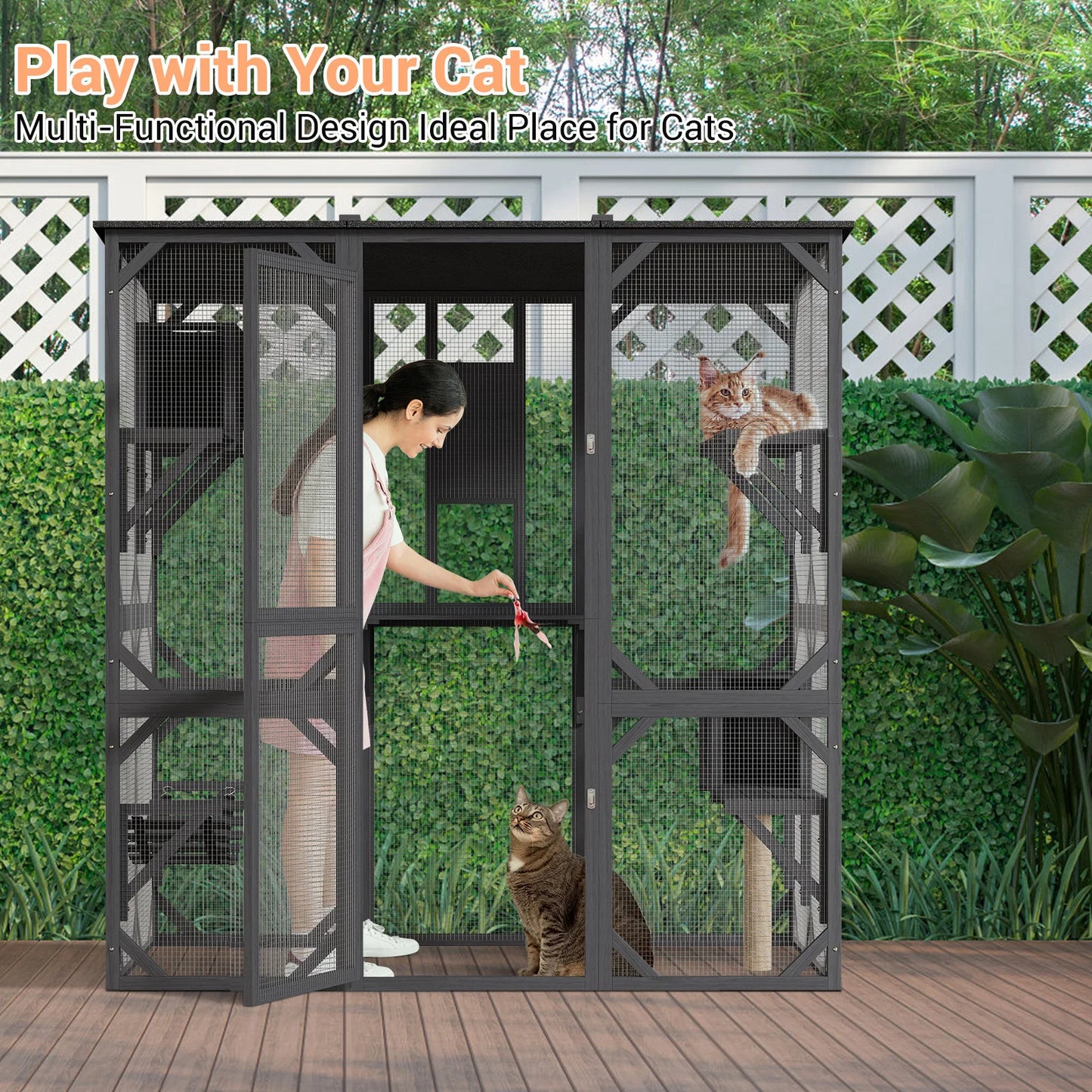 HiMISS Outdoor Wooden Catio Walk-In Multi-Level Cat Enclosure