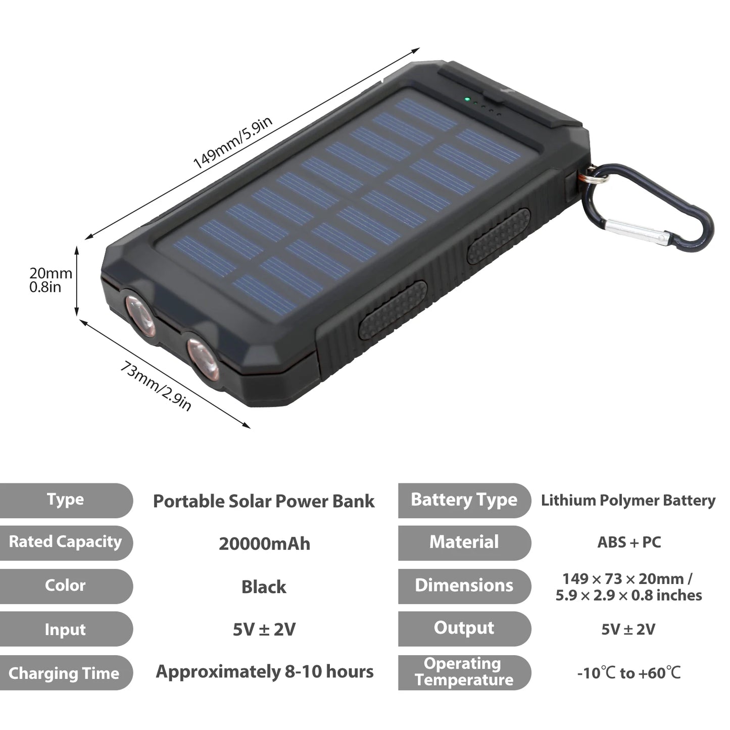 Solar Charger 20000mAh Waterproof Power Bank With LED Flashlight