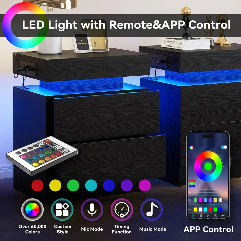 Modern Nightstand With Charging Station, LED Light, And Drawers