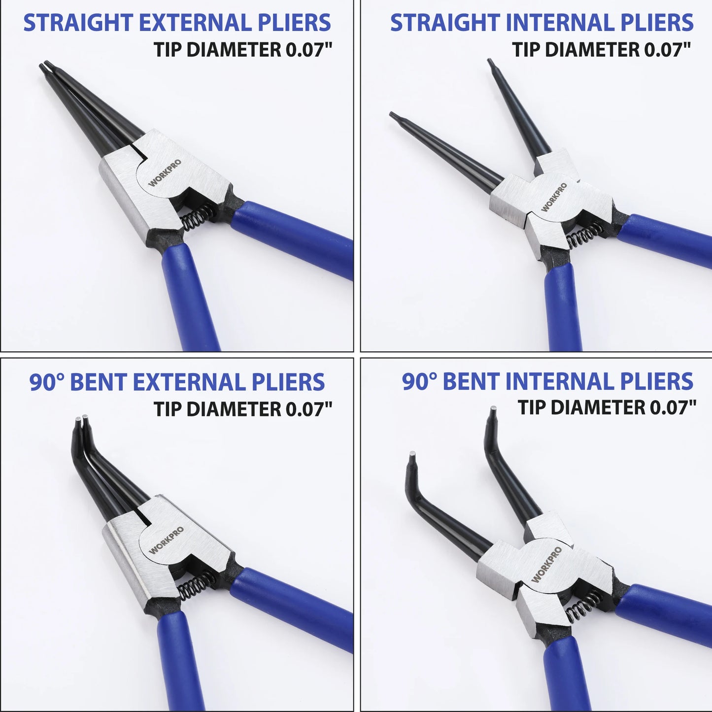 WORKPRO 4-Piece Snap Ring Pliers Set, 7-Inch Internal and External Circlip Pliers Kit with Straight and Bent Jaw, For Ring Remov
