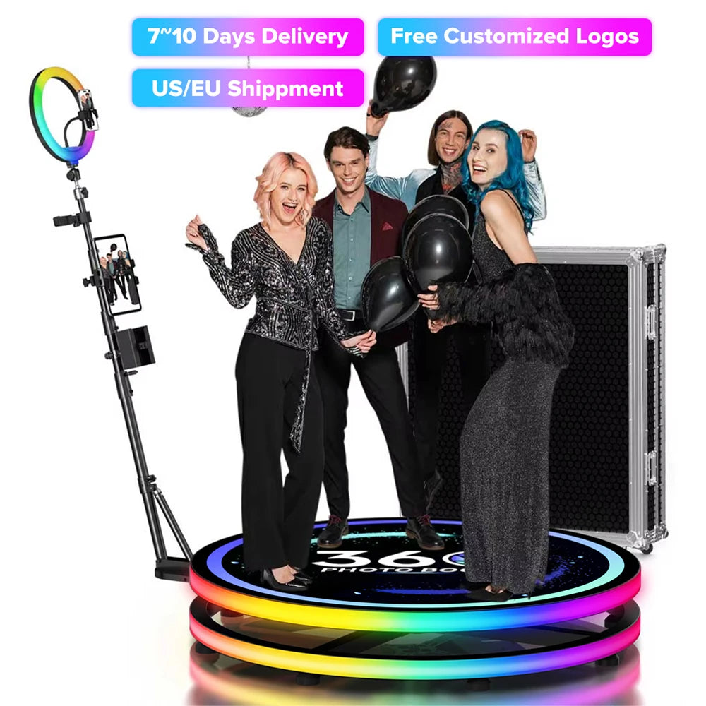 Rotating 360 Photo Booth Machine Selfie Stand Free Customize Logo With RGB Light App Remote Control For Parties Events With Case
