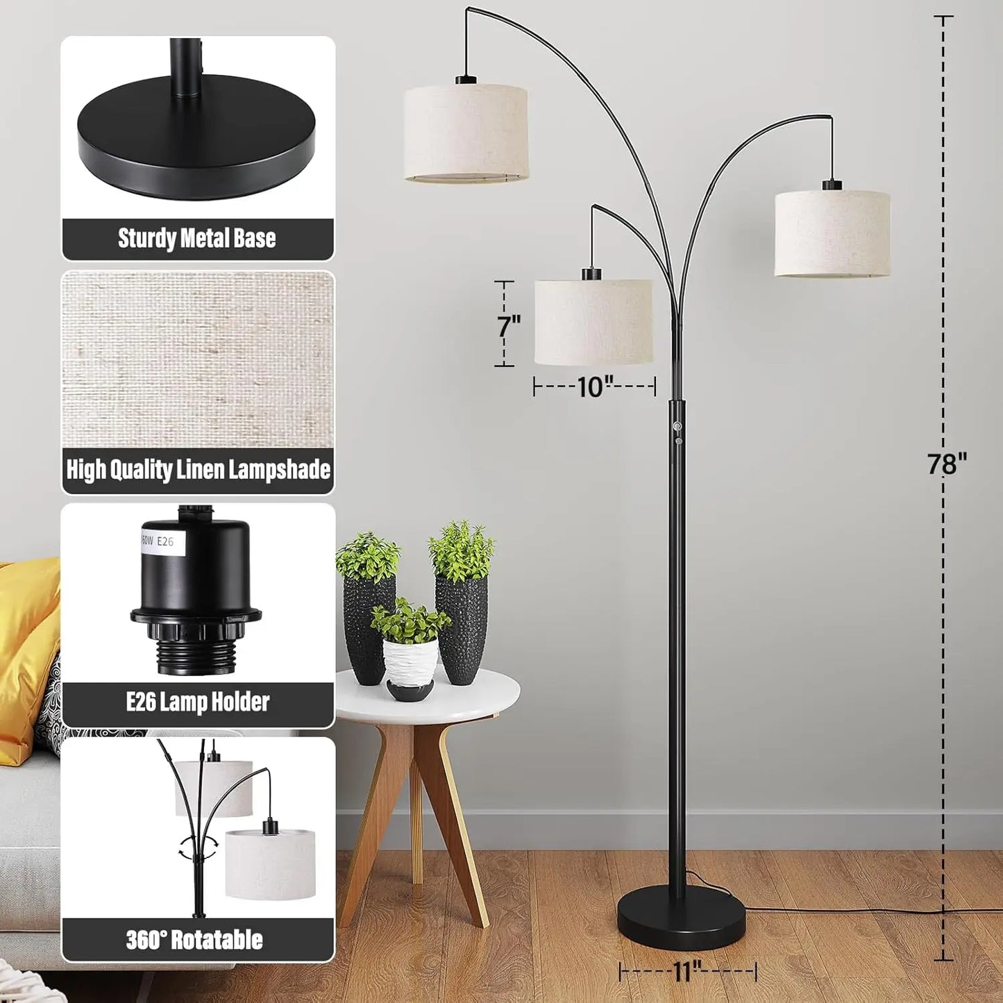Arc Floor Lamp With 3 Lights Modern Standing Lamp Adjustable
