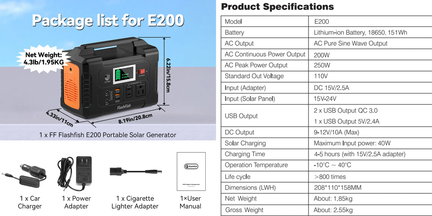 FF FlashFish E200 Portable Power Station 200W 151Wh Solar Generator