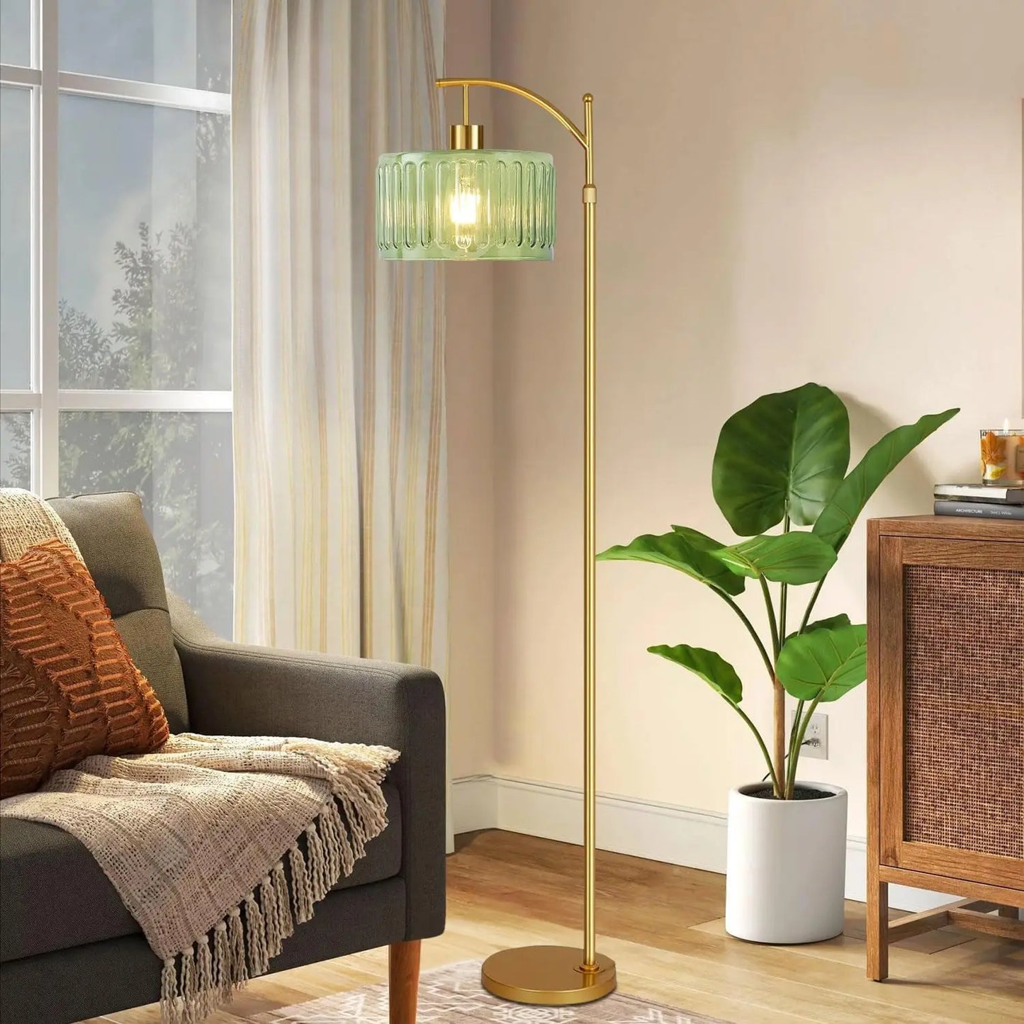 Gold Dimmable Floor Lamp With Remote Mid Century Brass