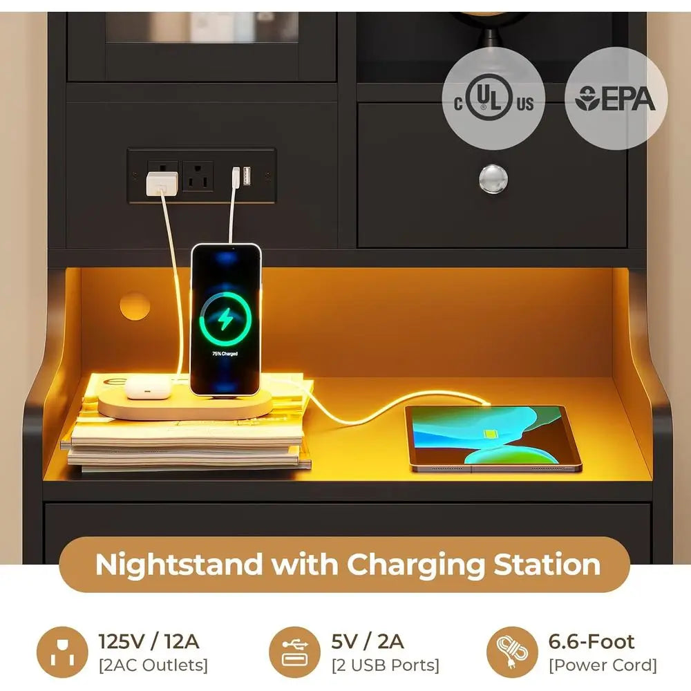 Dual LED Nightstand Set With Charging Station And Bookshelf