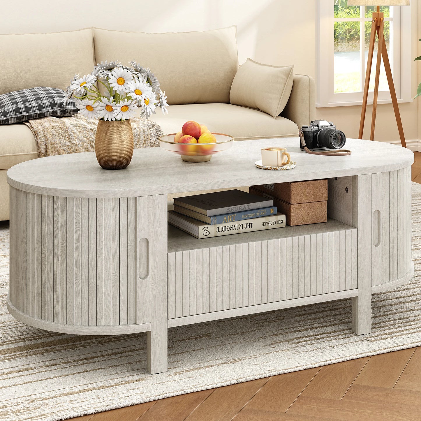 Oval Coffee Table With Cabinets And Sliding Doors