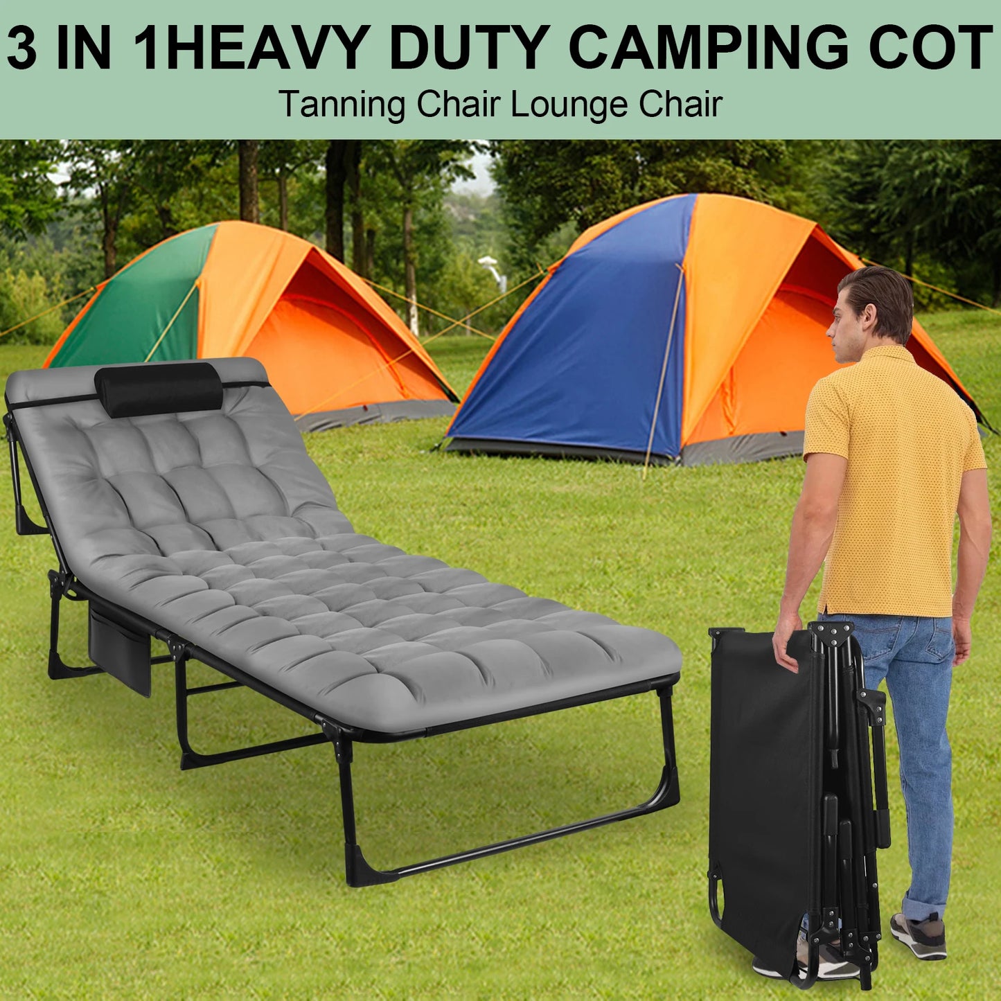 Portable Folding Camping Cot With 3 Position Adjustable Recliner Pillow