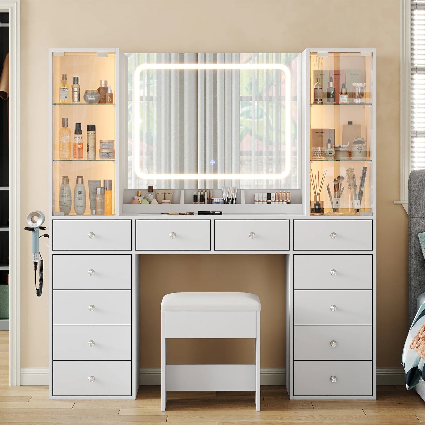 Bedroom Makeup Vanity Desk With Mirror And 12 Drawers
