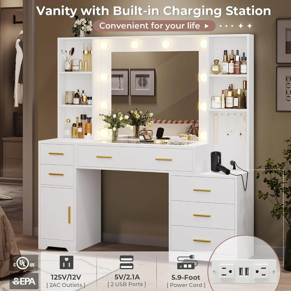 Vanity Desk With Lighted Mirror USB Outlets Drawers Storage