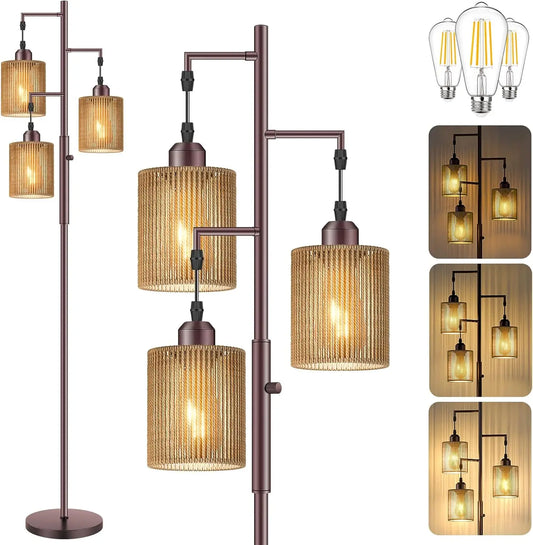Rattan Boho Floor Lamp With Dimmable Shades Bulbs Included