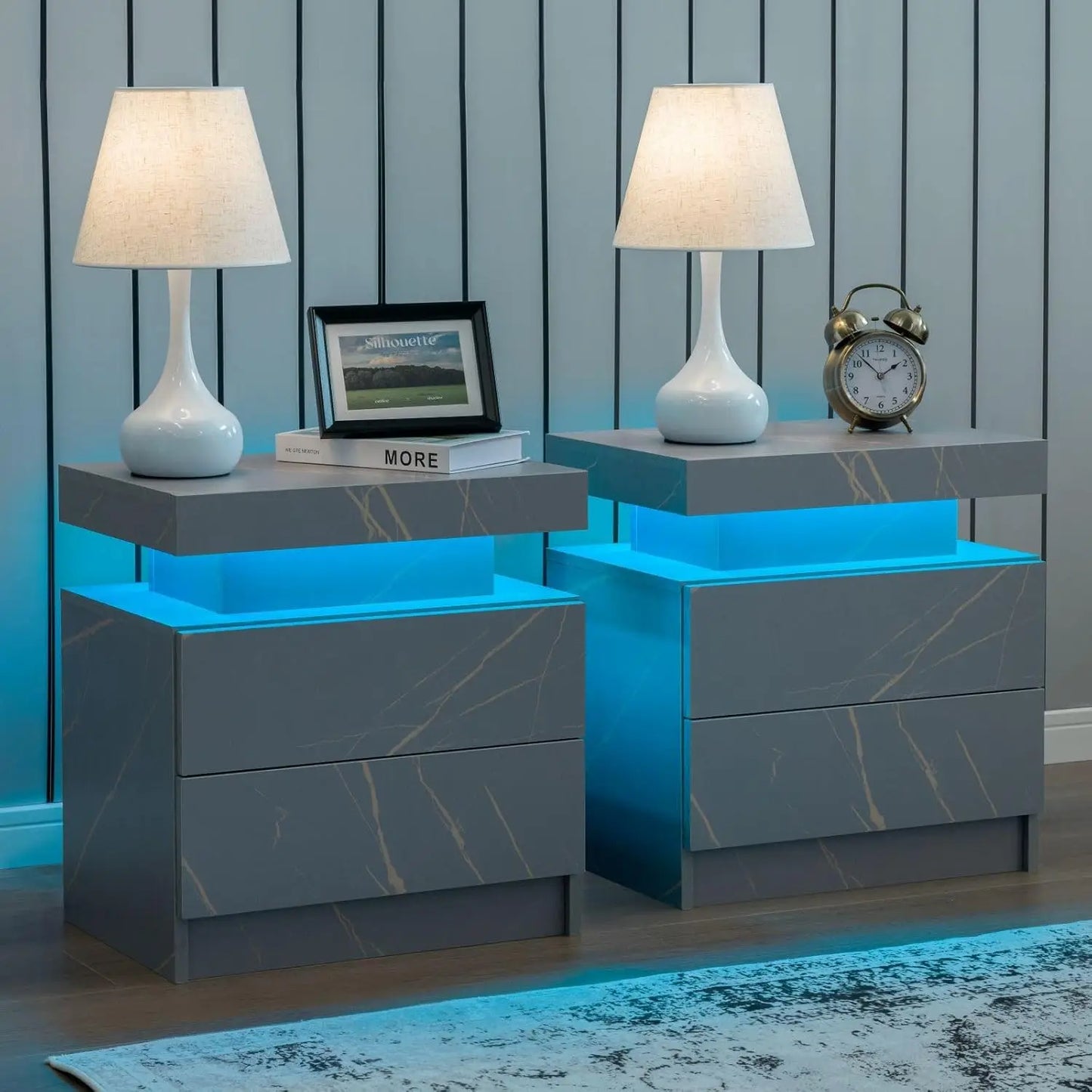 Modern Wood Two Nightstands Set With LED Lighting And Drawers