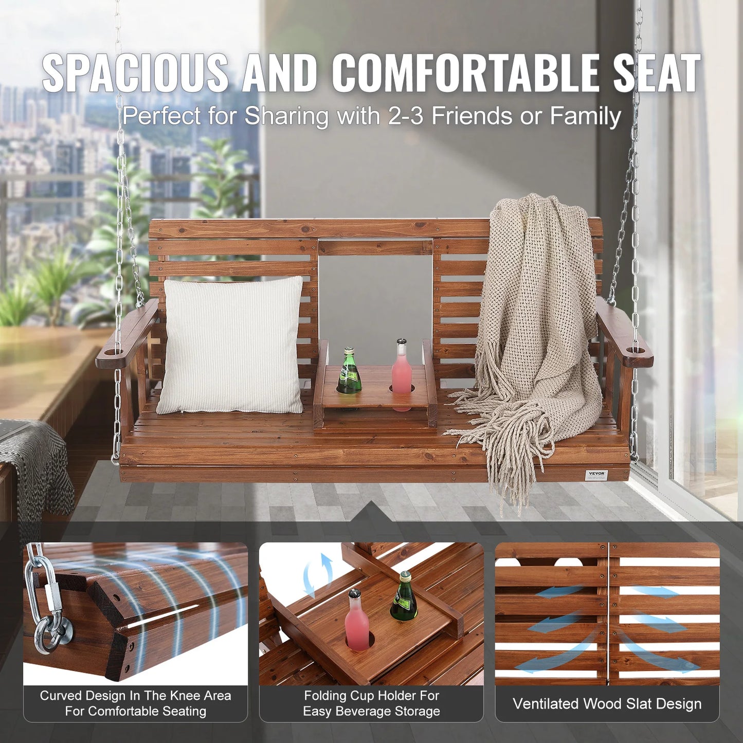 SucceBuy Wooden Porch Swing For Patio Outdoor Courtyard Load Capacity
