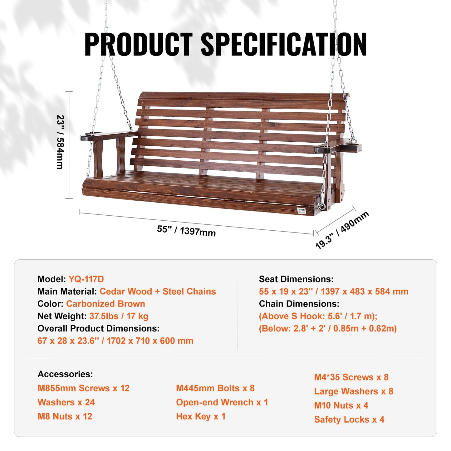 SucceBuy Wooden Porch Swing For Patio Outdoor Courtyard Load Capacity
