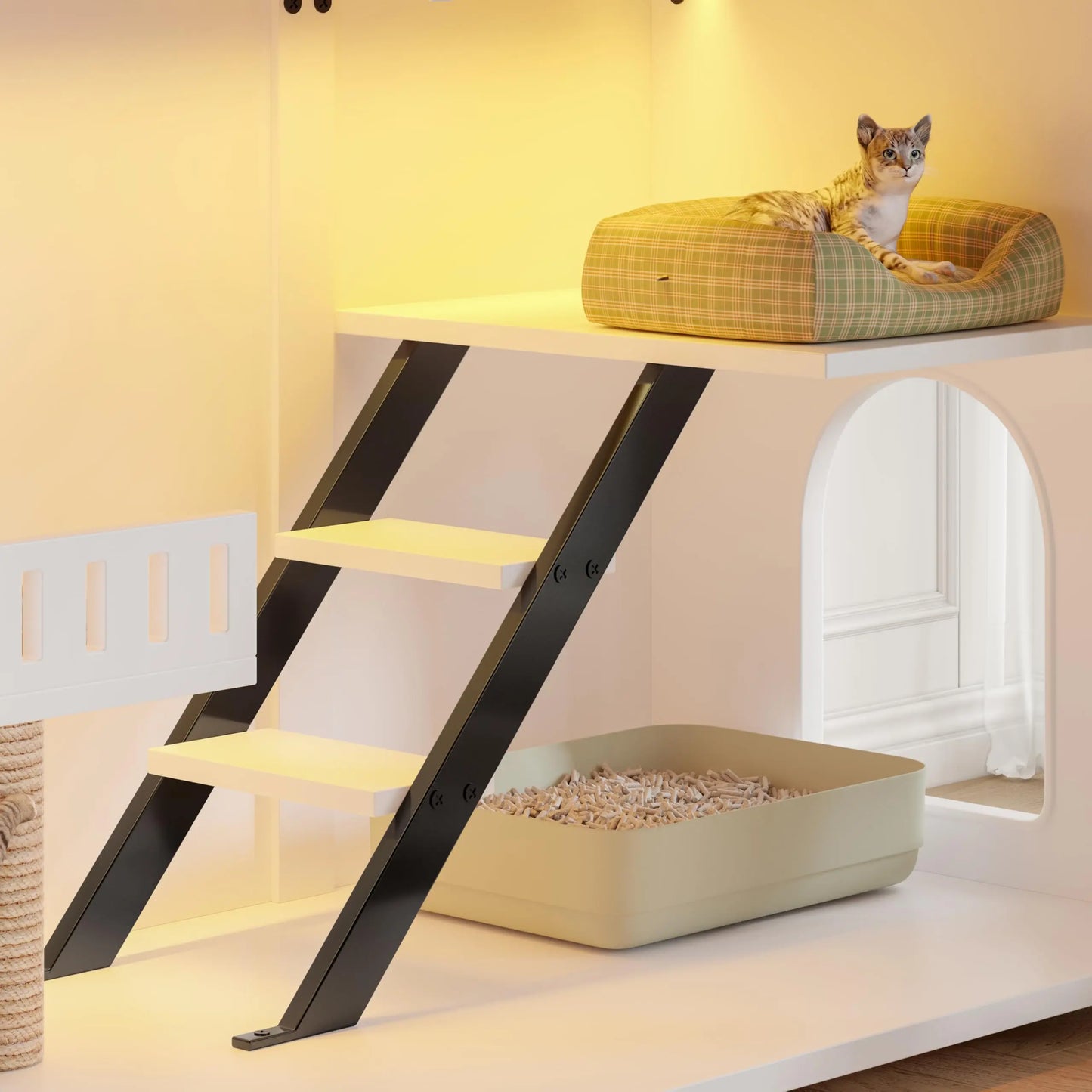 Cat House Hidden Litter Box Enclosure With Led Light, Scratch Pad, Smart Doors