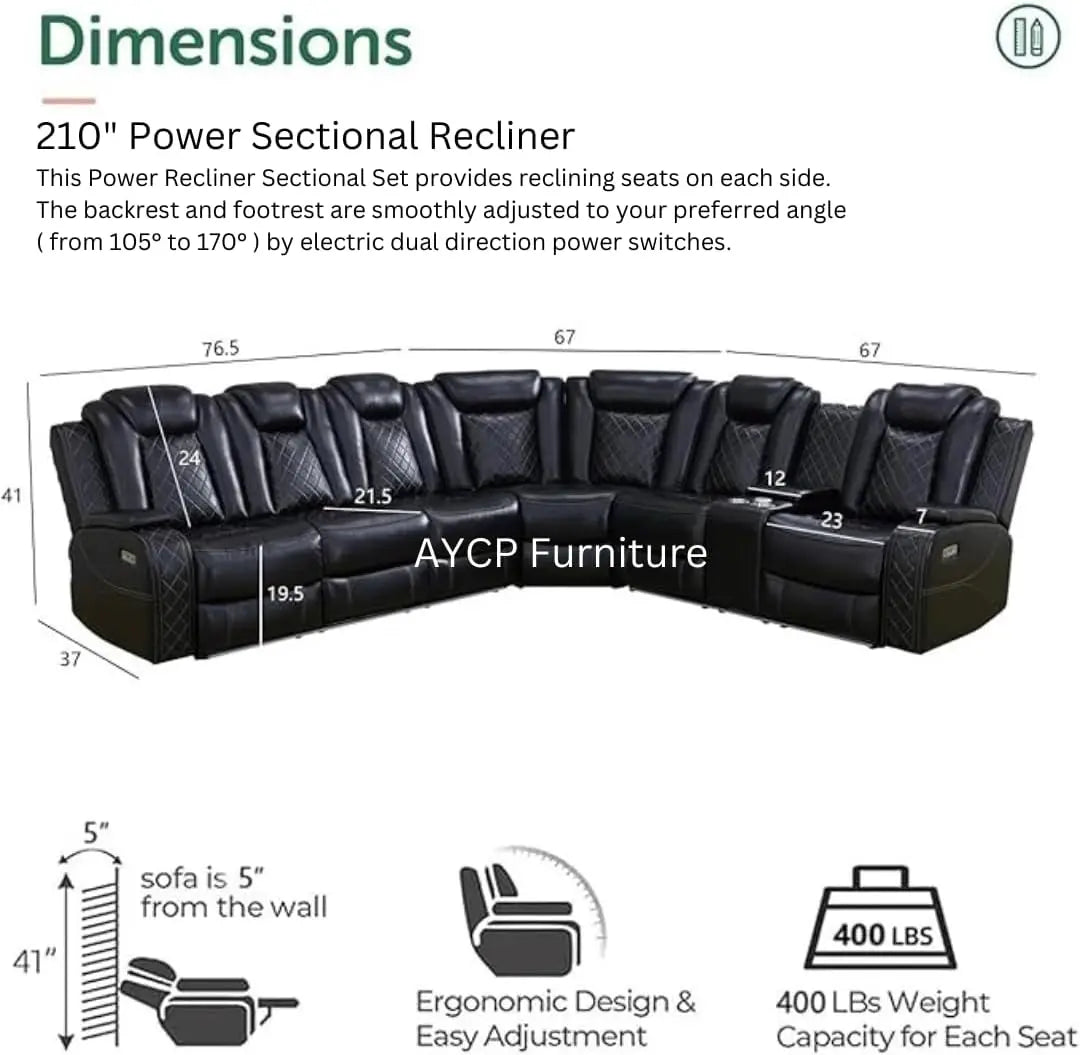 Air Leather Power Recliner Corner Sectional With LED Light