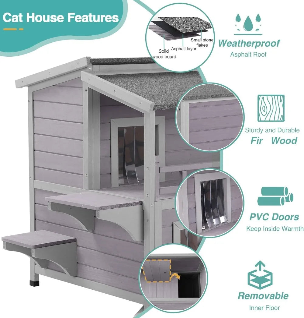 Outdoor Cat House Weatherproof Wooden Two-Story Shelter With Sunbath Balcony