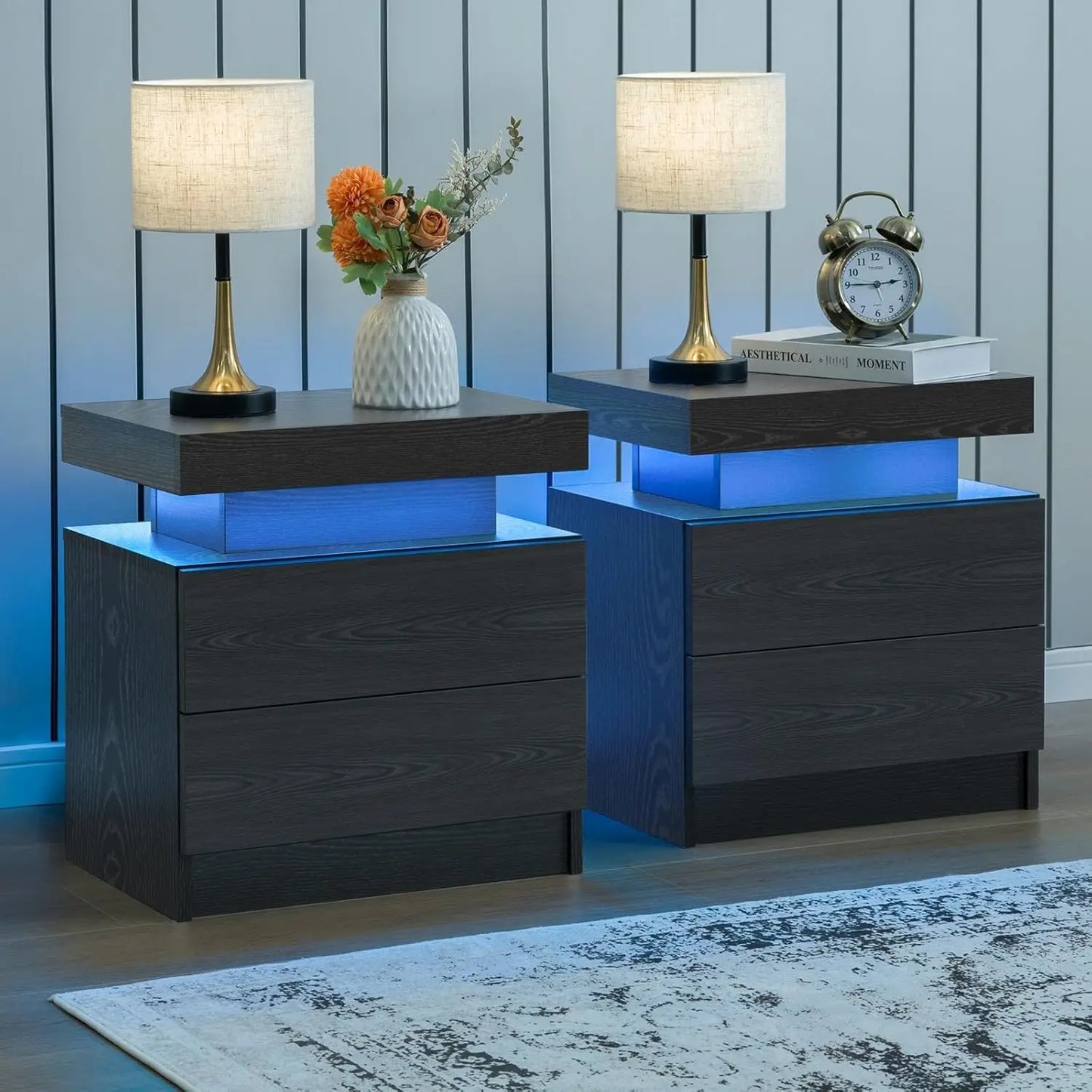 Modern Wood Two Nightstands Set With LED Lighting And Drawers