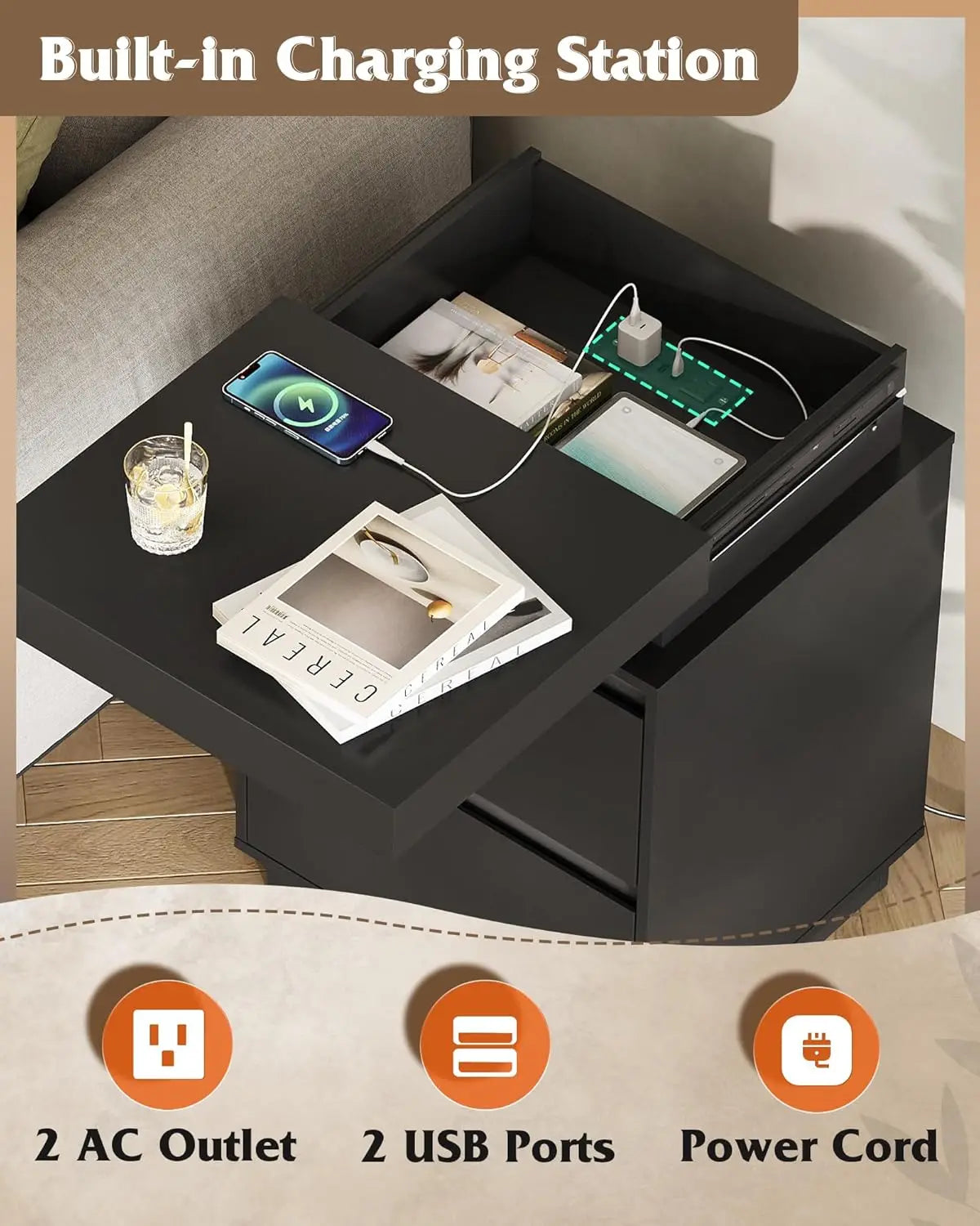 MOYU Nightstand With Charging Station And LED Lights Two Drawers