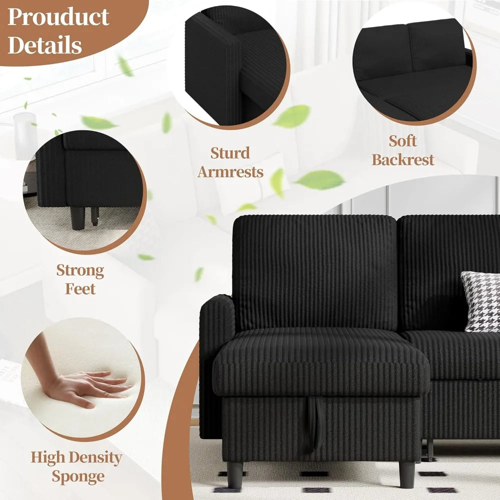 Sleeper Sofa Bed With Hidden Storage Corduroy Reversible L-Shaped Sectional
