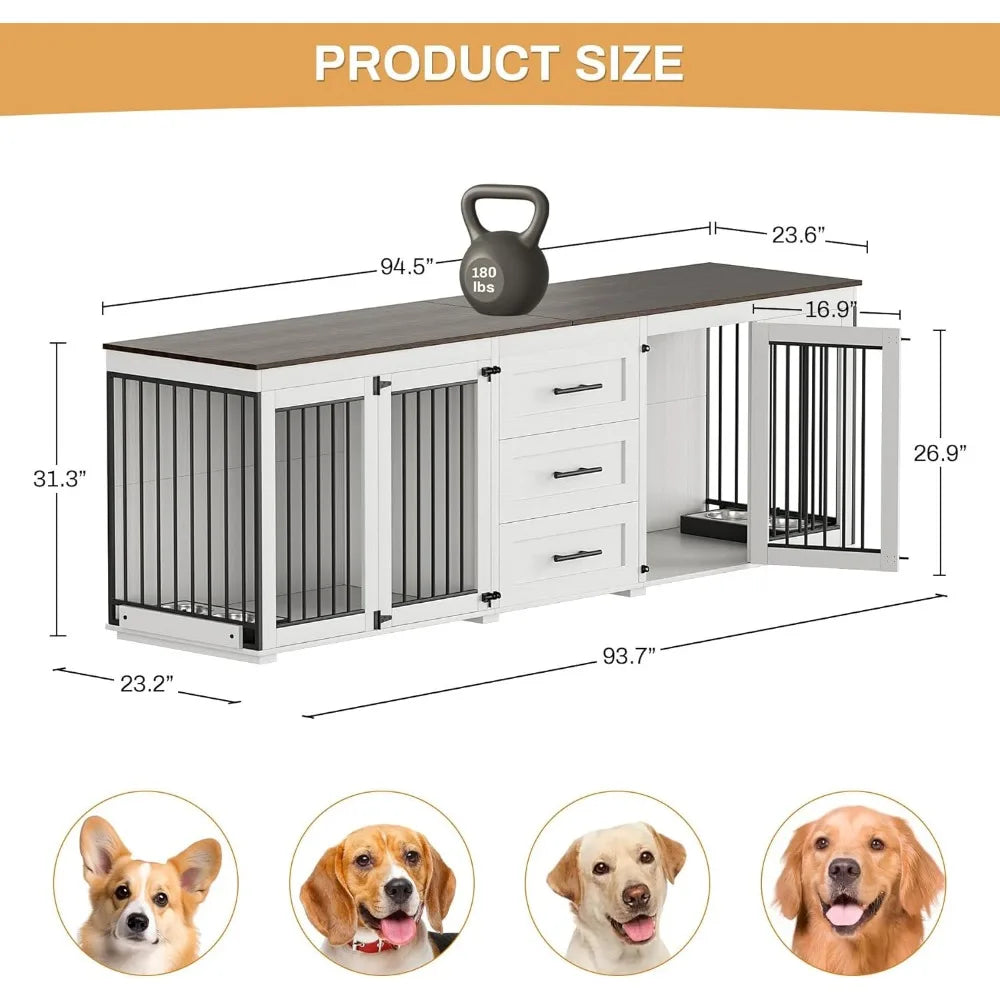 DAFIFY Double Wooden Dog Crate Furniture With Bowls And Drawers