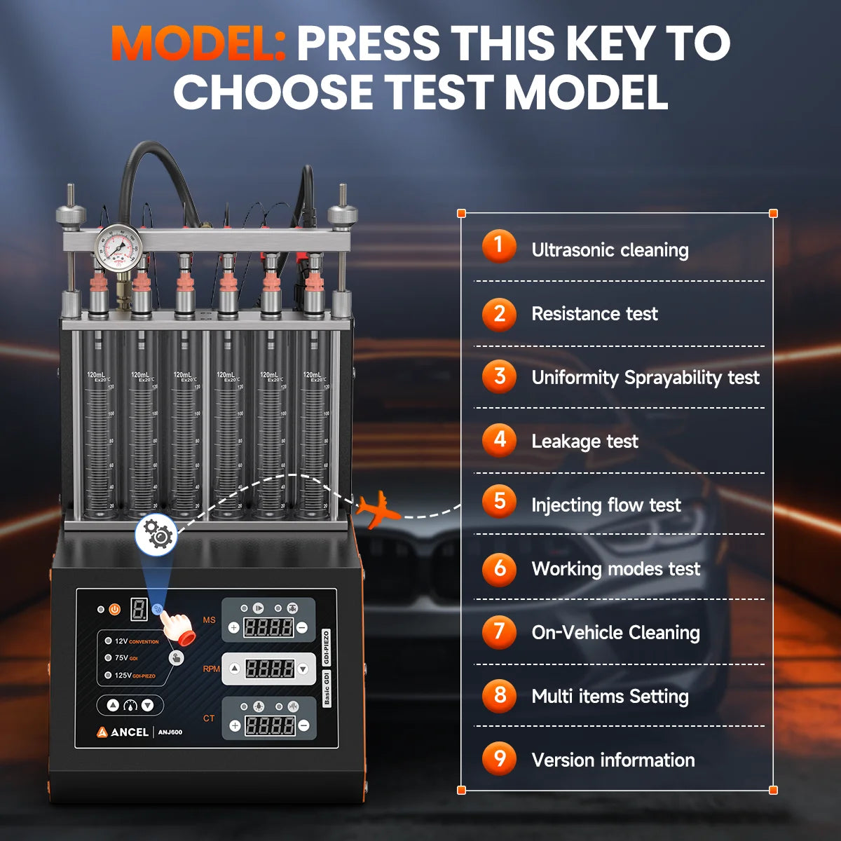 ANCEL ANJ600 PIEZO GDI Car Fuel Injector Tester Cleaner Machine Ultrasonic Cleaning EFI FEI Fuel Injectors 6-Cylinders 110V 220V