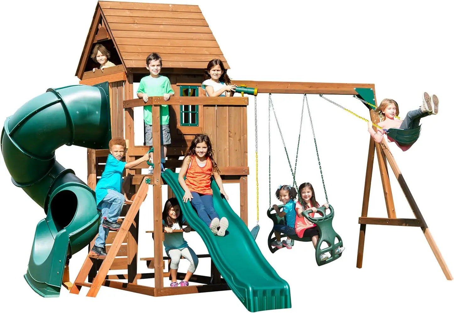 Treehouse Wooden Swing Set Tube Slide Wave Slide Climbing Wall