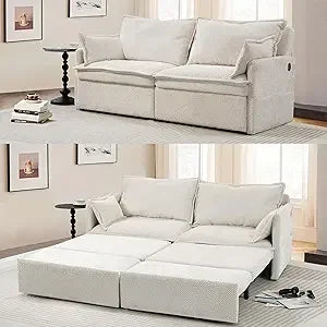 Corduroy L Shaped Pull Out Sofa Bed With USB Charger