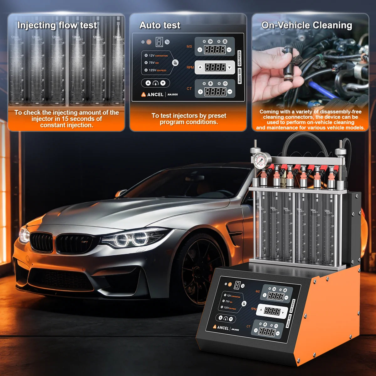ANCEL ANJ600 PIEZO GDI Car Fuel Injector Tester Cleaner Machine Ultrasonic Cleaning EFI FEI Fuel Injectors 6-Cylinders 110V 220V