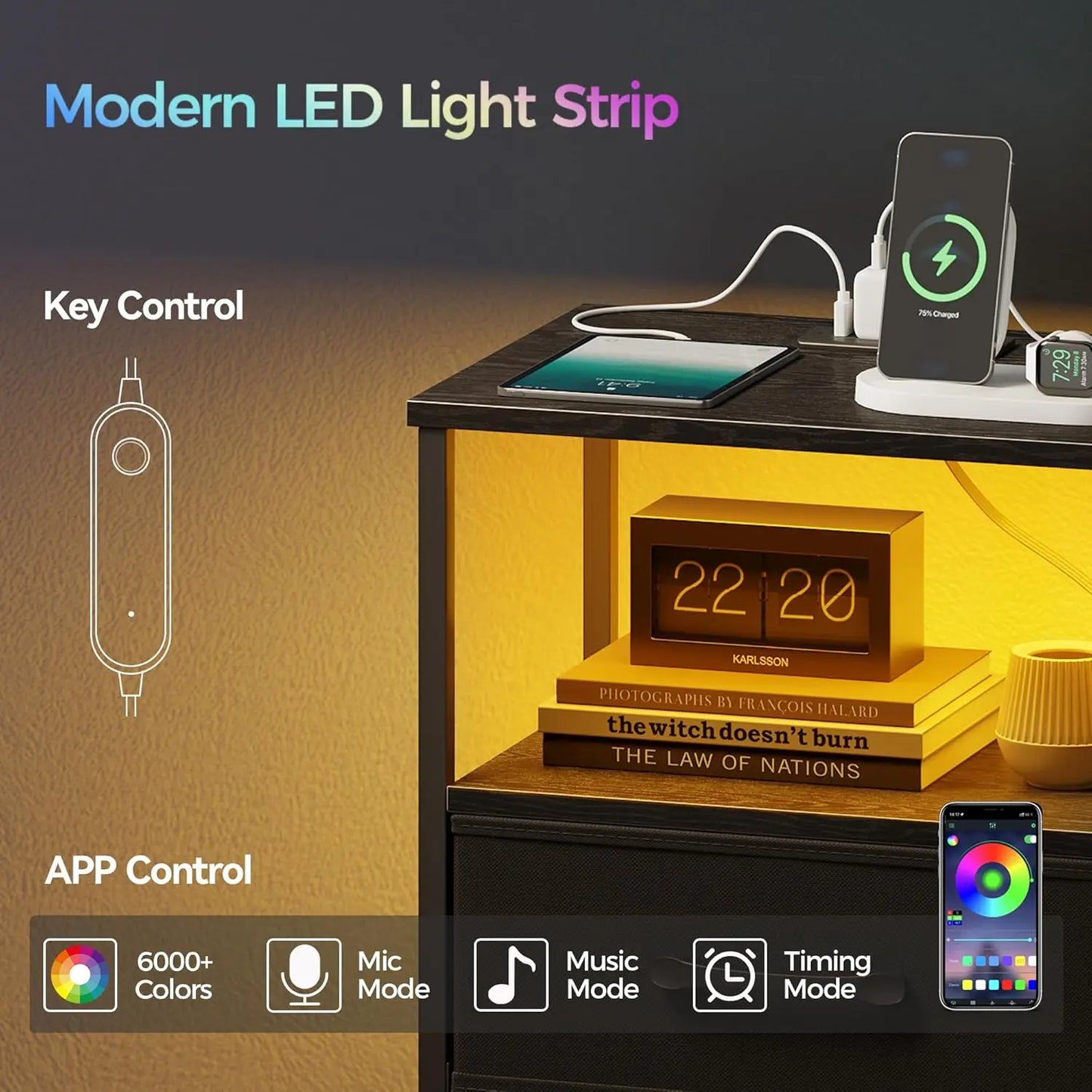 Two-Piece Night Stand Set With Charging Station And LED Lights