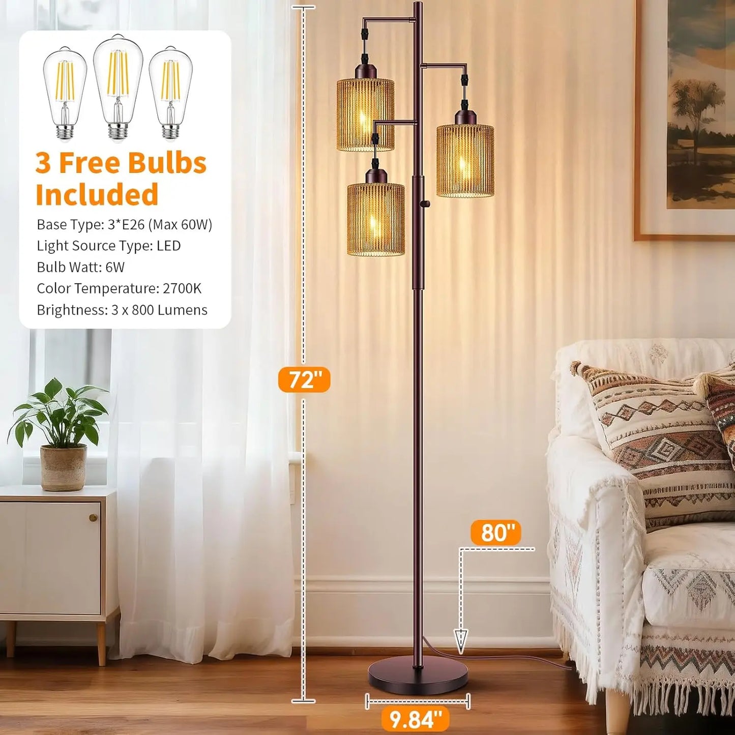 Rattan Boho Floor Lamp With Dimmable Shades Bulbs Included