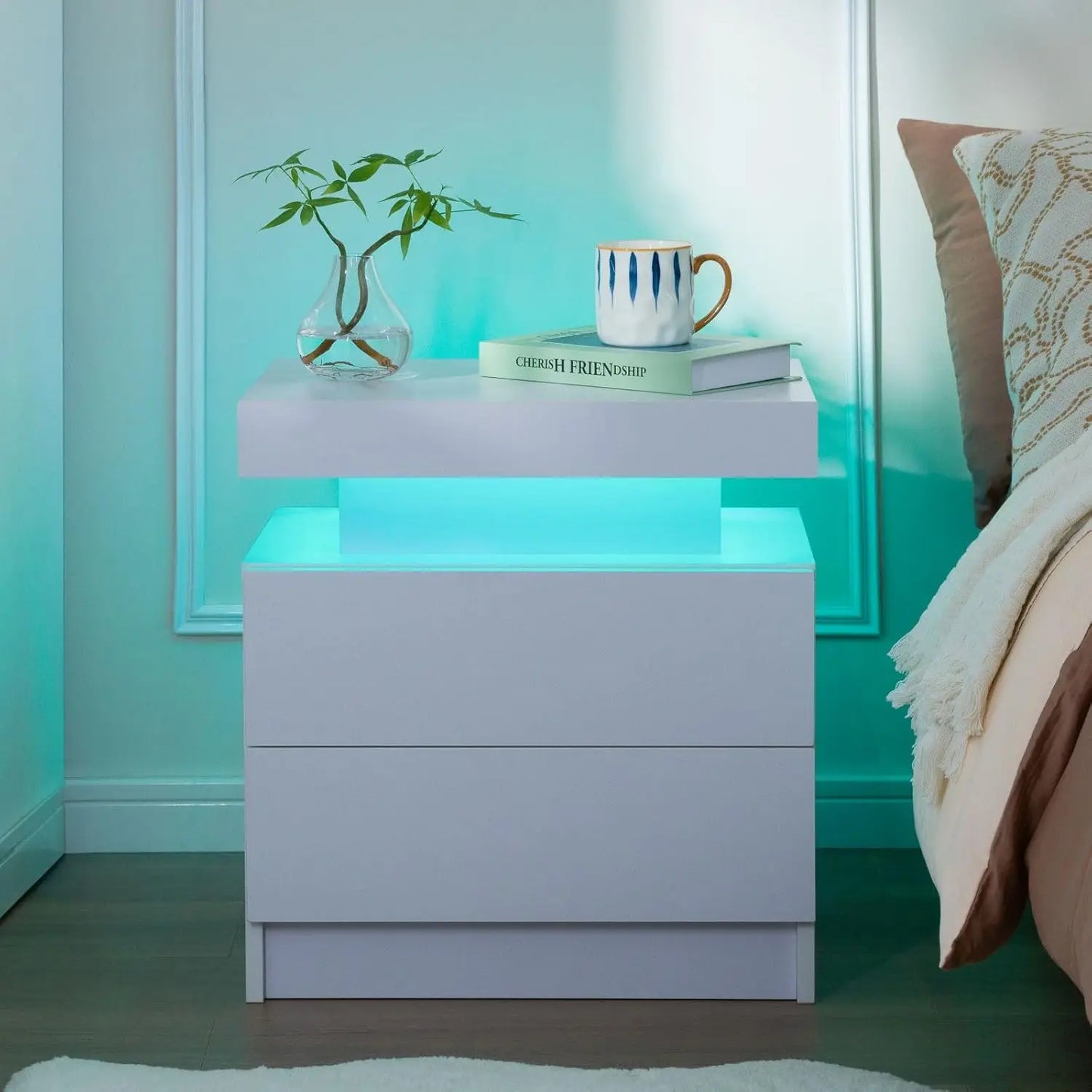 Modern Wood Two Nightstands Set With LED Lighting And Drawers