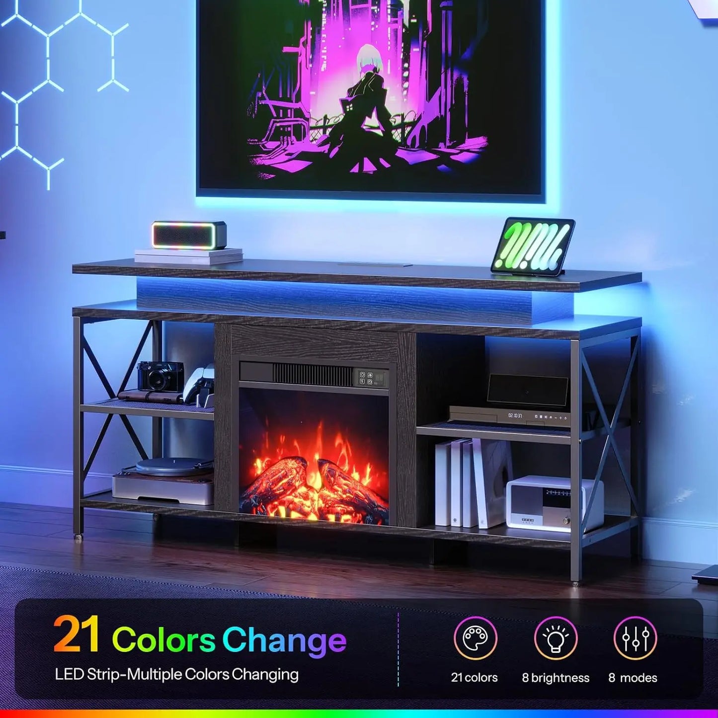 Fireplace Tv Stand With Led Lights And Charging Station