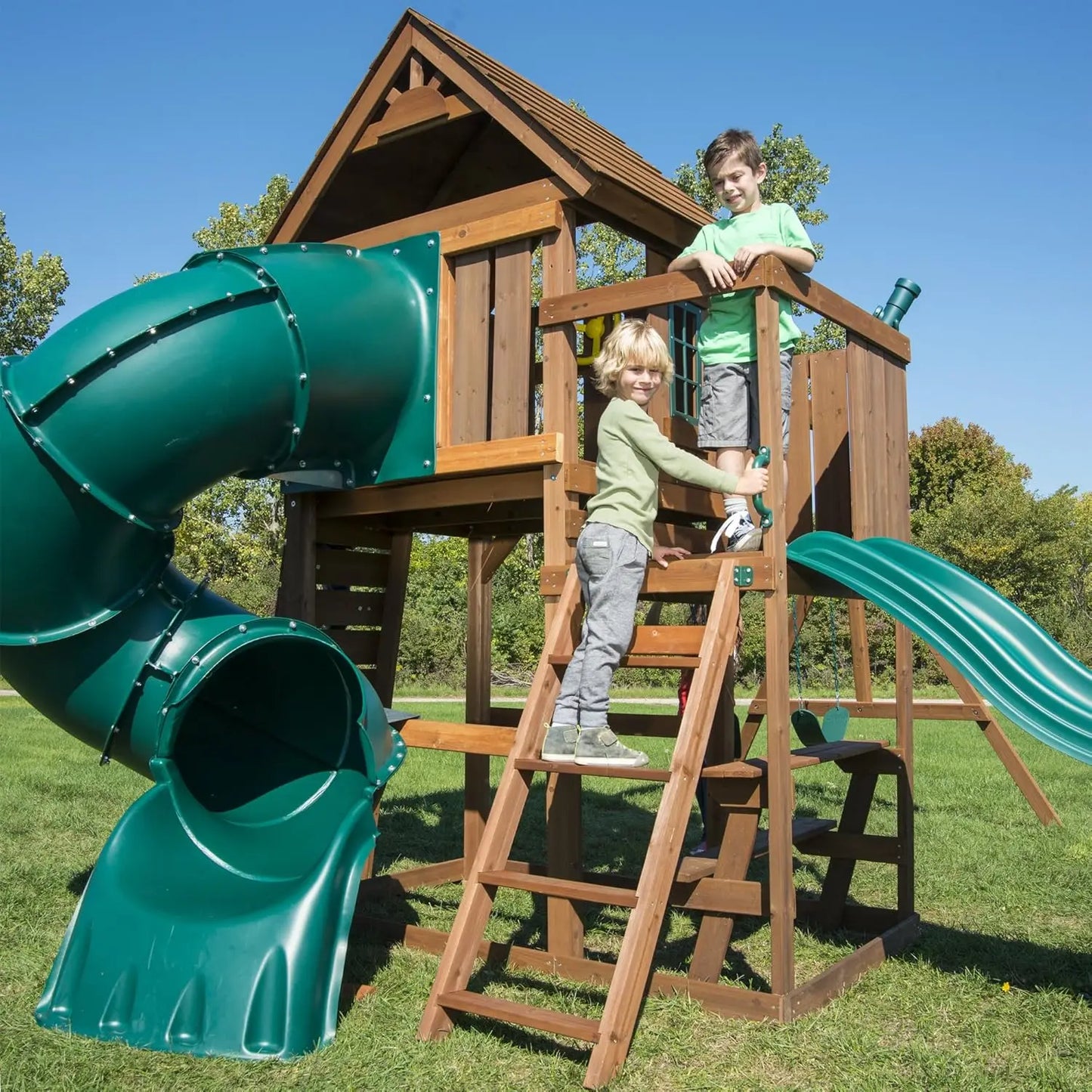 Treehouse Wooden Swing Set Tube Slide Wave Slide Climbing Wall