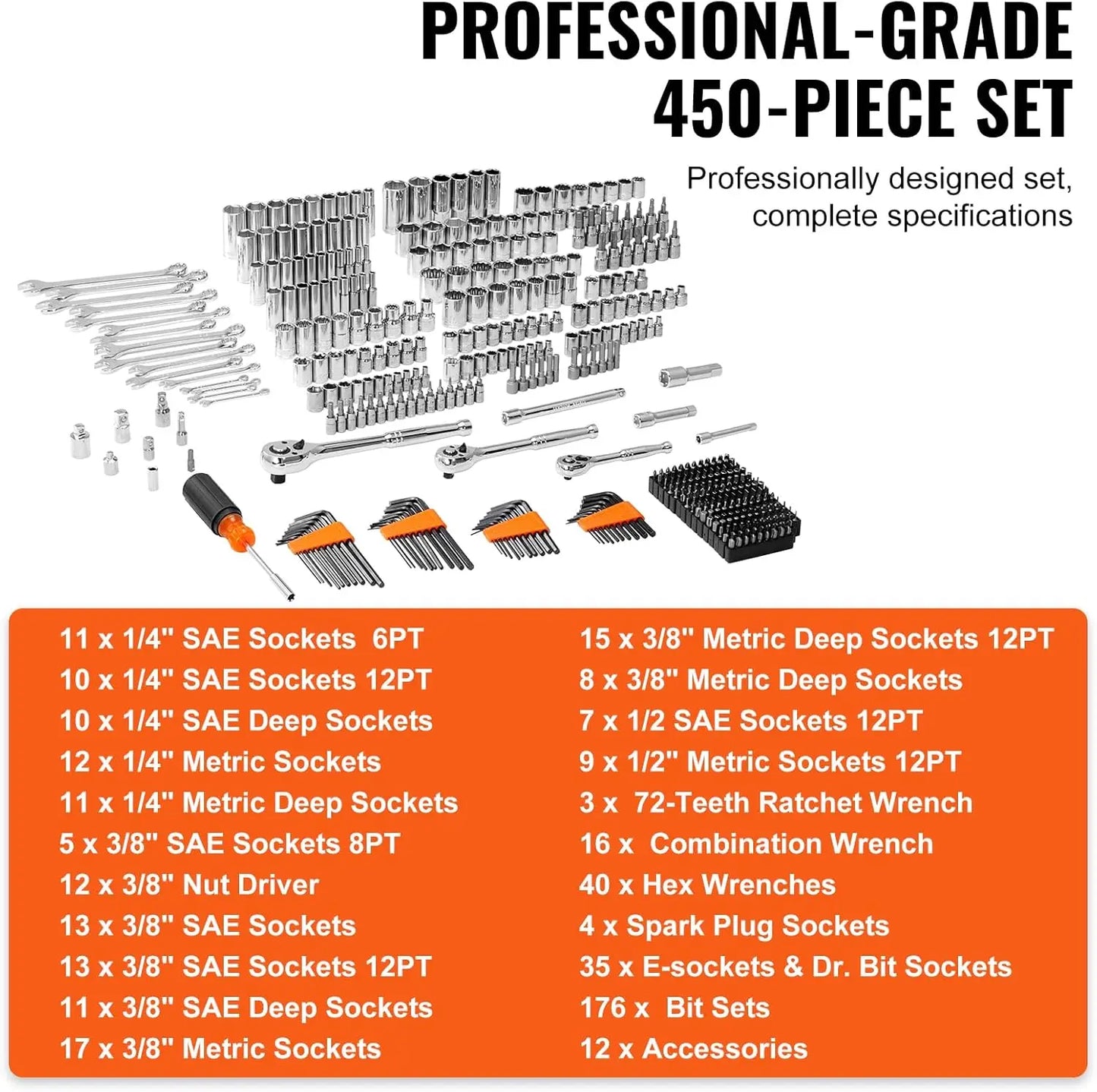 Professional Mechanics Tool Set Sockets Wrenches Bits Storage Case