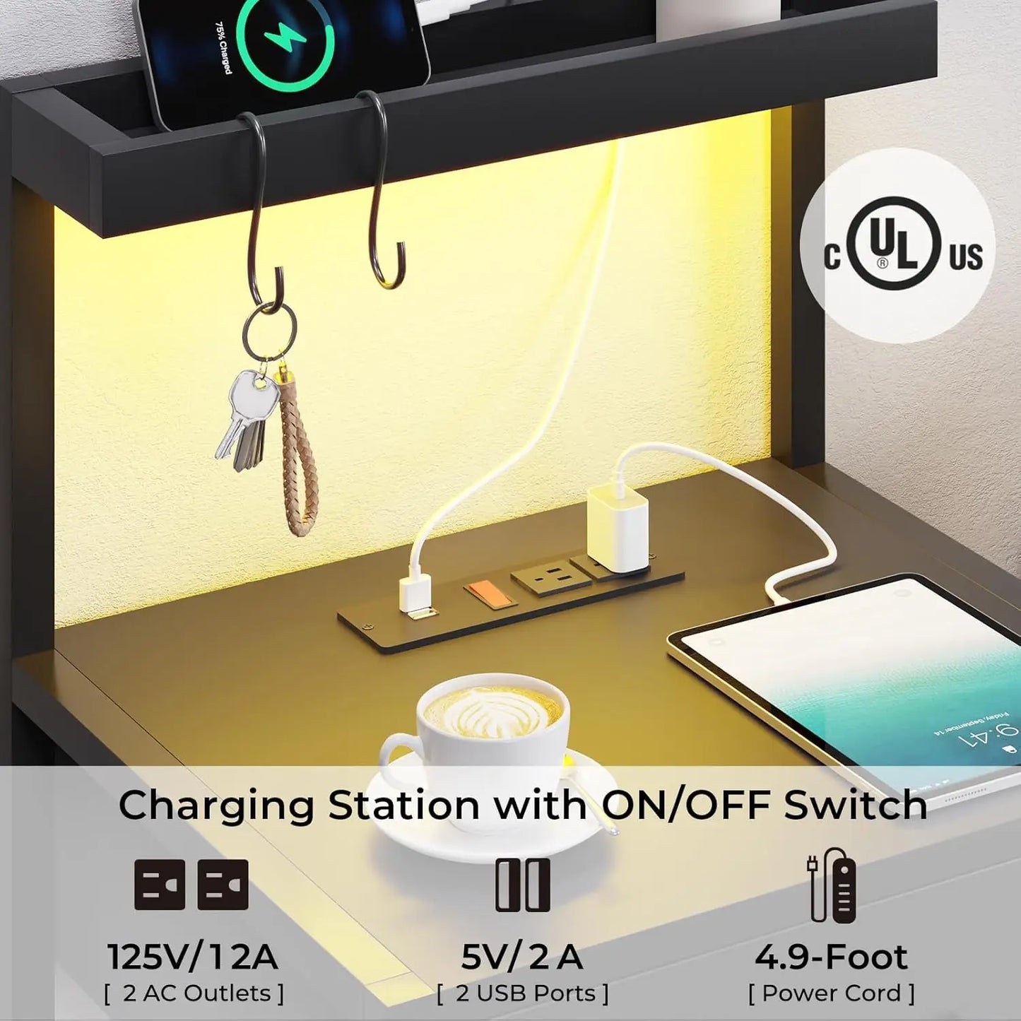 Guangbai Nightstands Set Of 2 With LED Charging Station