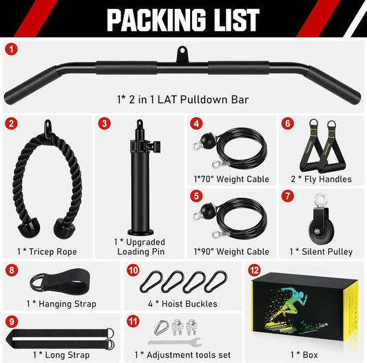 Pulley System, Weight Cable Pulley System for Home Gym,Cable Machine Attachment with 2 in 1 LAT Pull Down Bar,Tricep Rope