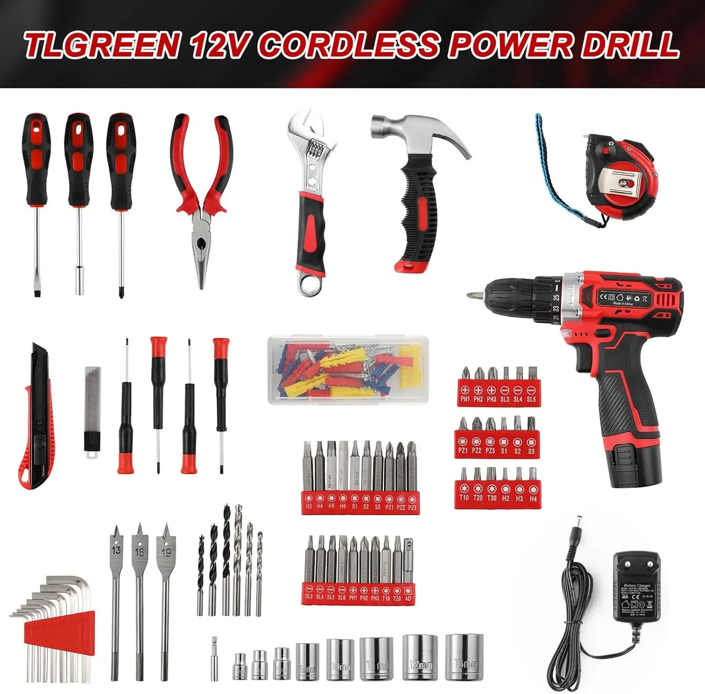 TLGREENDIY 138-Piece Power Tool Set With 12V Cordless Drill