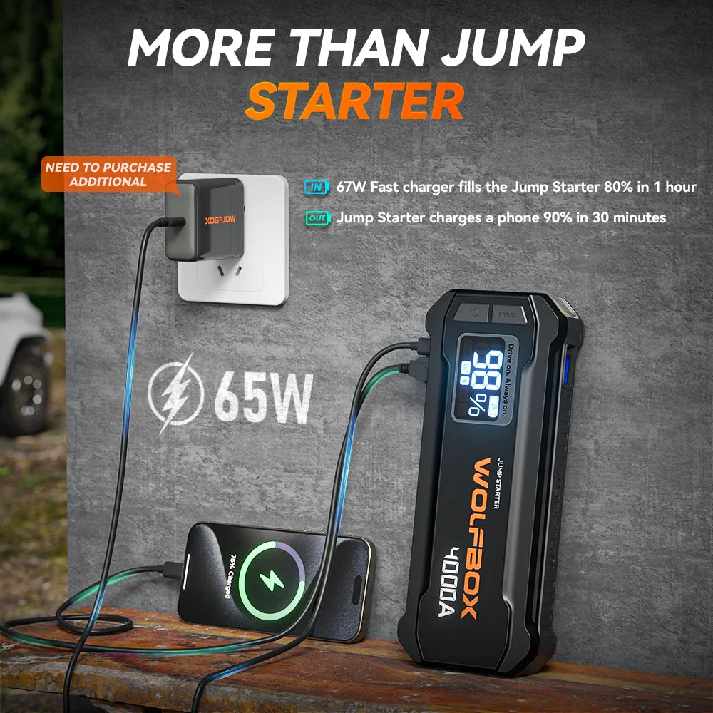 WOLFBOX JS24 4000A Car Battery Jump Starter, 24000mAh for 8L Gas 6L Diesel Engine with Booster, 2 Years Free Warranty