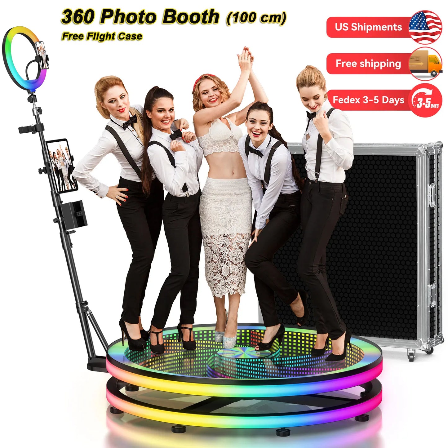 Glass Material 360 Rotating Photo Booth Machine 39.4 Inch With RGB Ring Light App Control For Parties Events With Freight Case